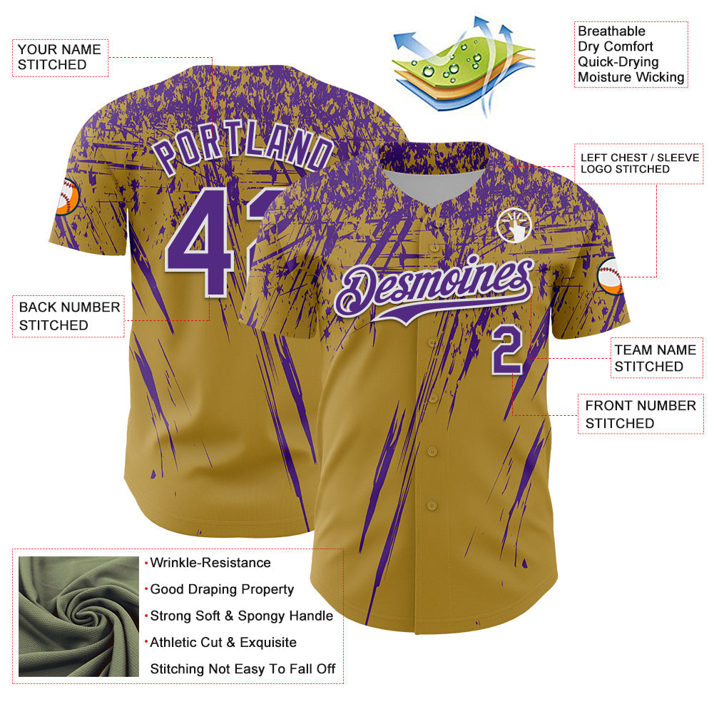 Custom Old Gold Purple-White Distressed Scratch Brush Stroke Authentic Baseball Jersey