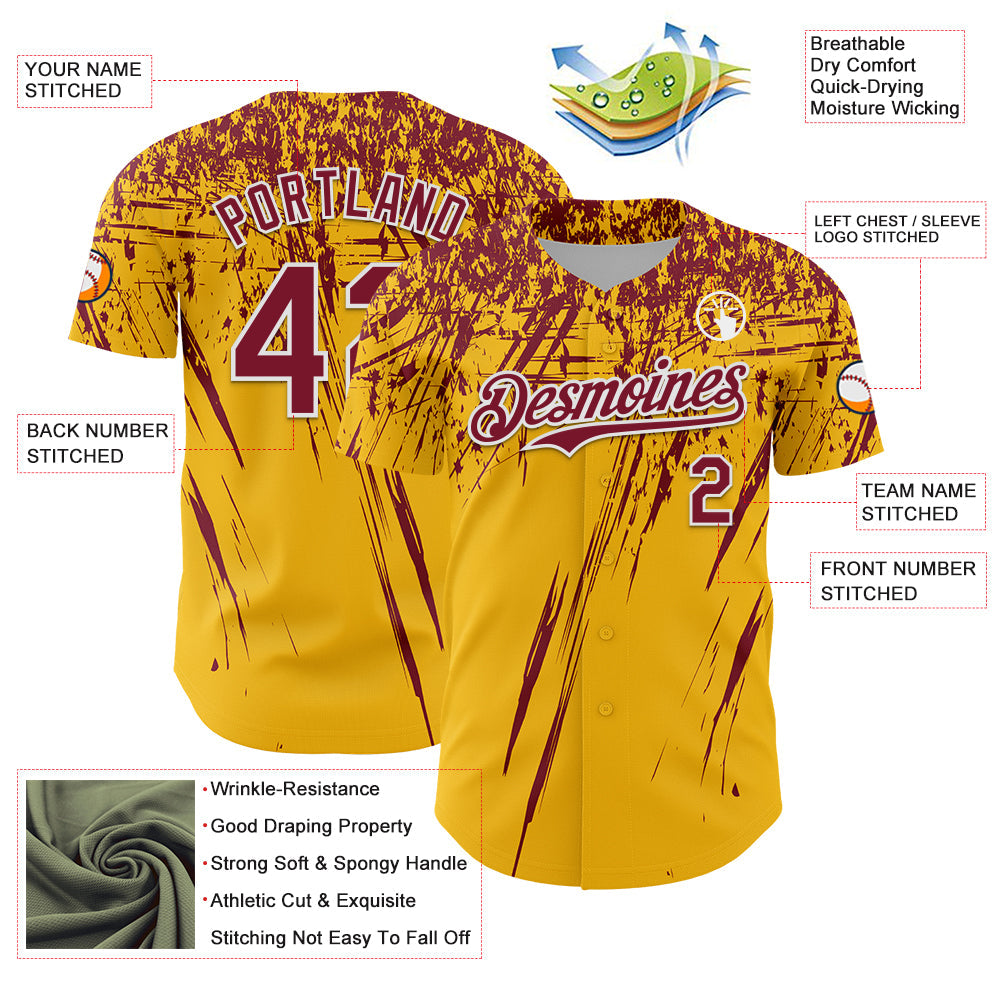 Custom Gold Crimson-White Distressed Scratch Brush Stroke Authentic Baseball Jersey