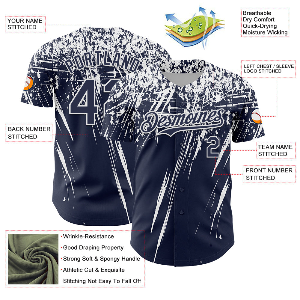 Custom Navy White Distressed Scratch Brush Stroke Authentic Baseball Jersey