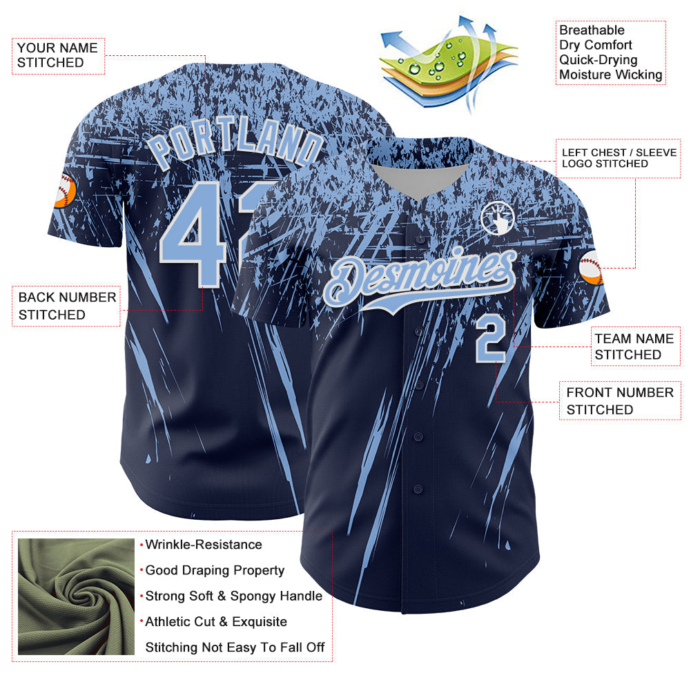 Custom Navy Light Blue-White Distressed Scratch Brush Stroke Authentic Baseball Jersey