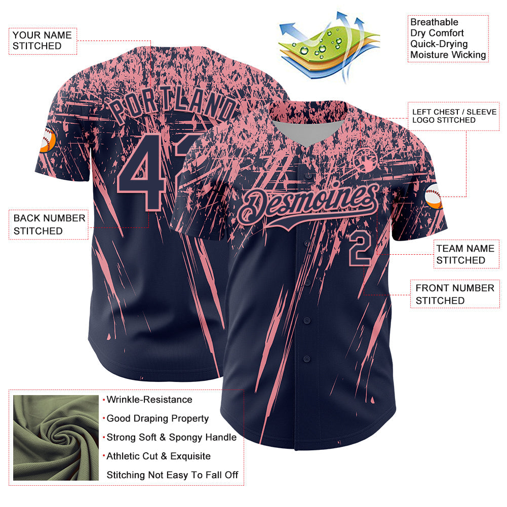 Custom Navy Medium Pink Distressed Scratch Brush Stroke Authentic Baseball Jersey