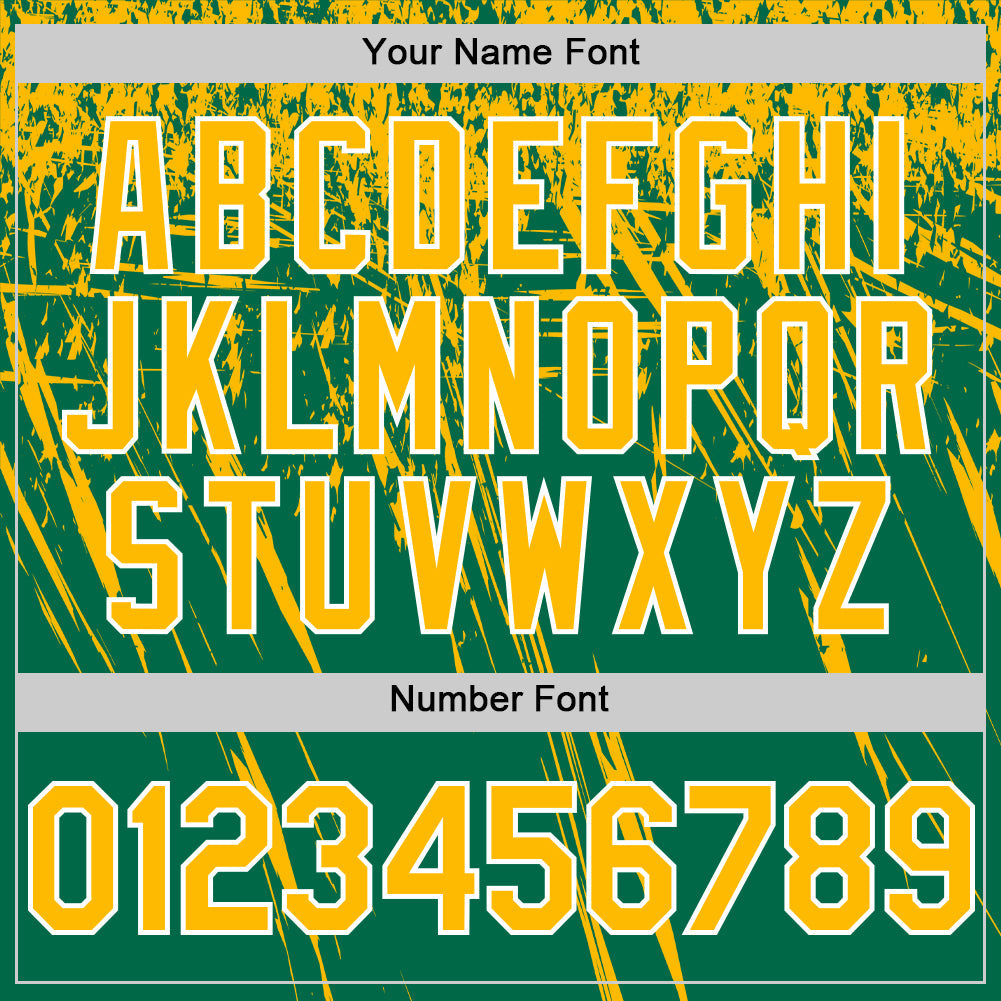 Custom Kelly Green Gold-White Distressed Scratch Brush Stroke Authentic Baseball Jersey