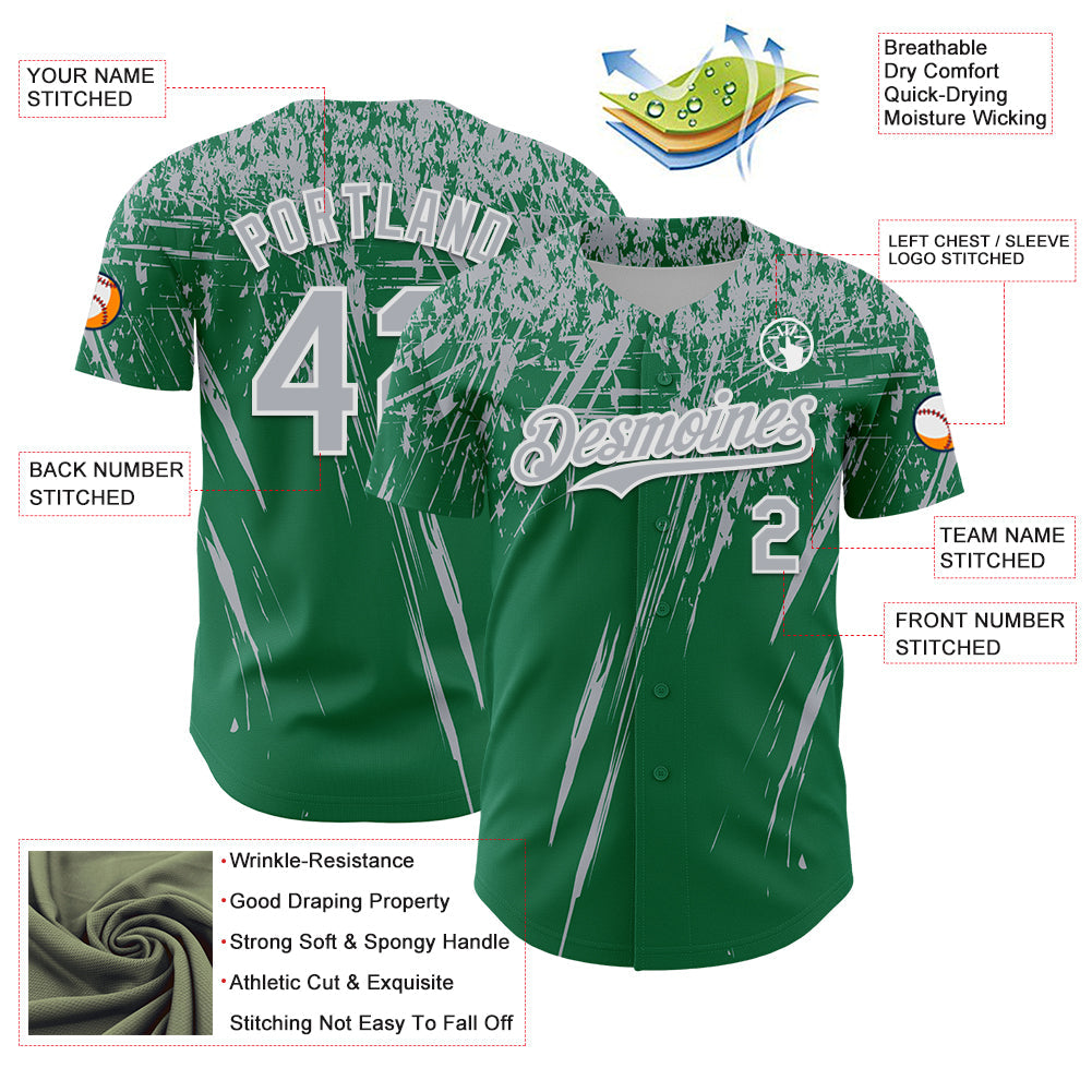 Custom Kelly Green Gray-White Distressed Scratch Brush Stroke Authentic Baseball Jersey