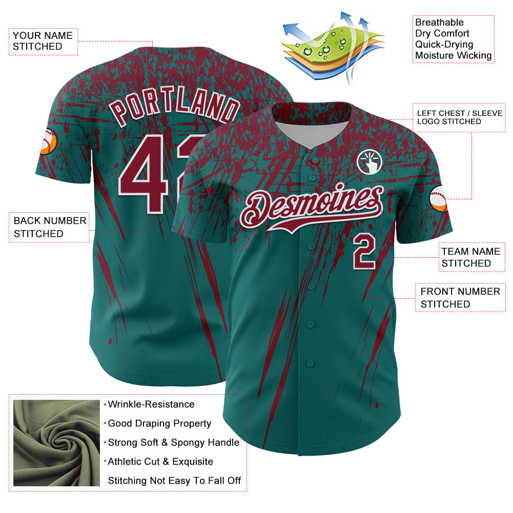 Custom Teal Crimson-White Distressed Scratch Brush Stroke Authentic Baseball Jersey