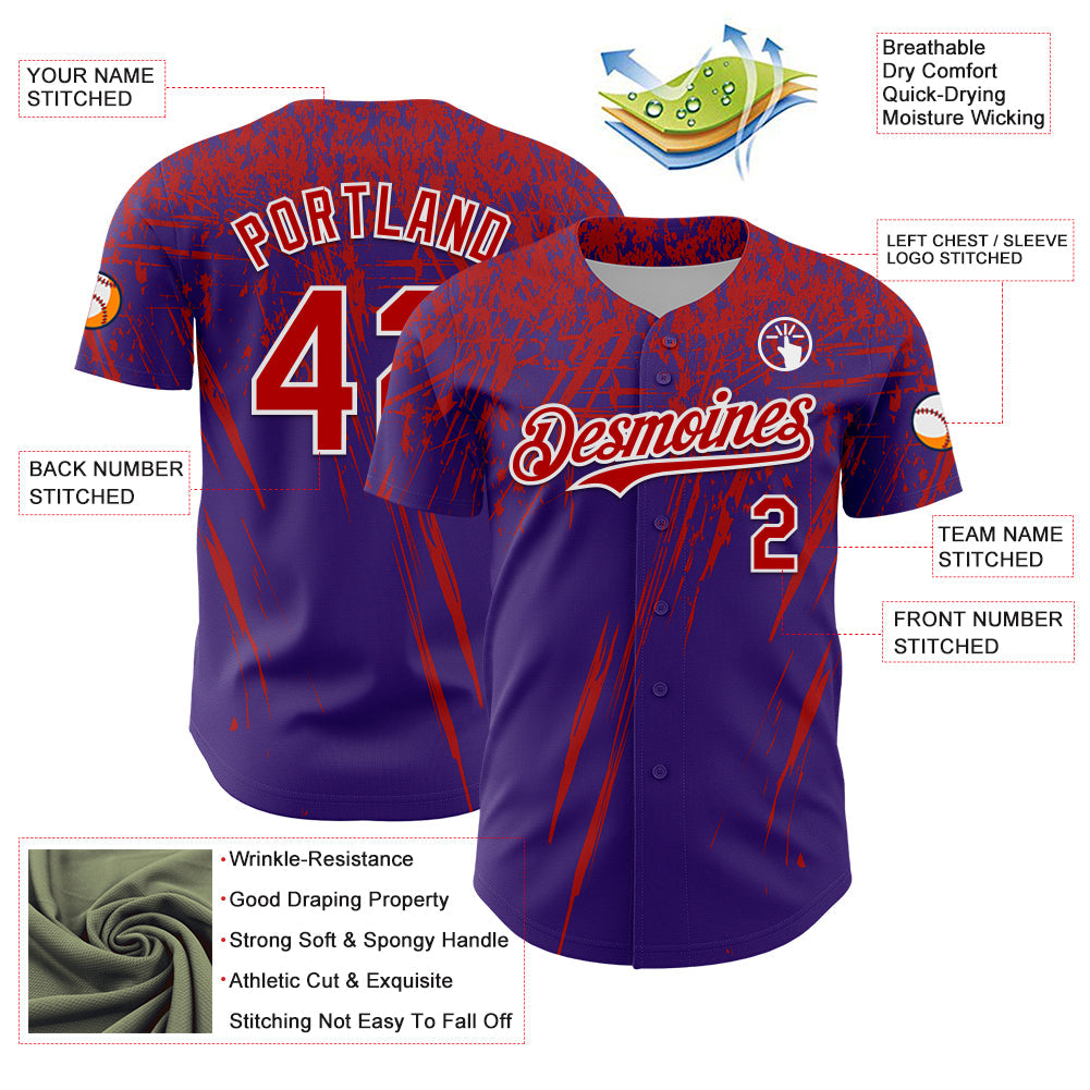 Custom Purple Red-White Distressed Scratch Brush Stroke Authentic Baseball Jersey