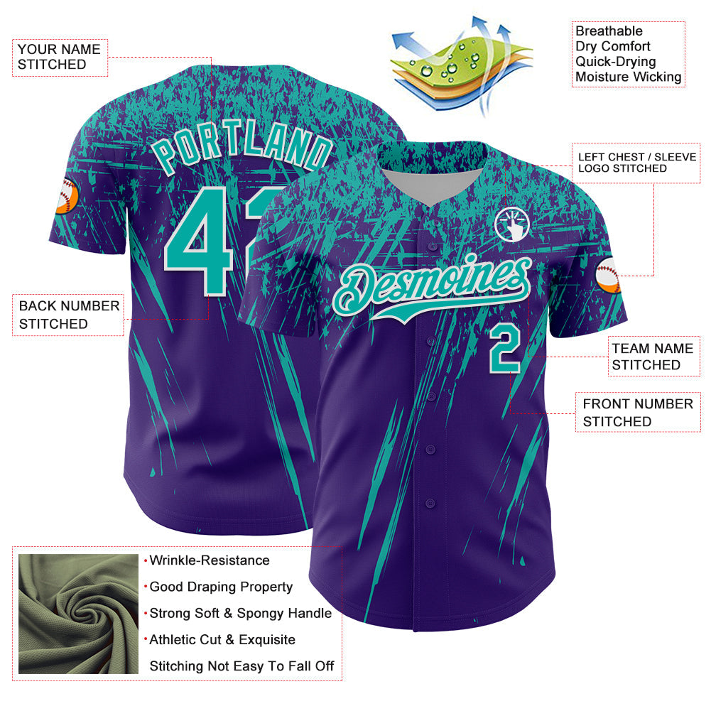 Custom Purple Aqua-White Distressed Scratch Brush Stroke Authentic Baseball Jersey