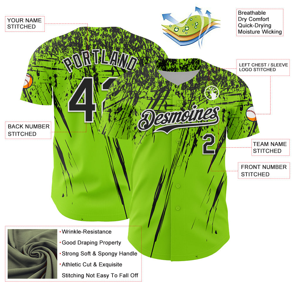 Custom Neon Green Black-White Distressed Scratch Brush Stroke Authentic Baseball Jersey