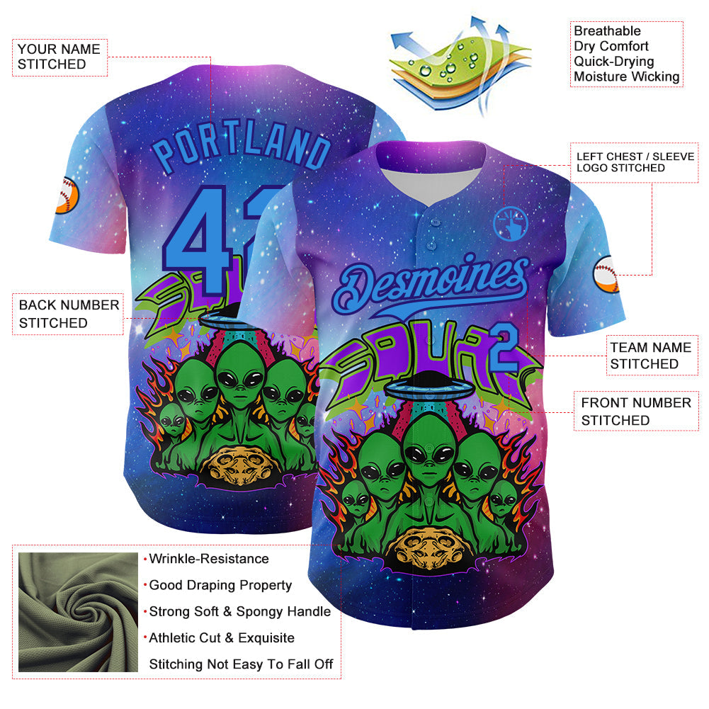 Custom Purple Electric Blue-Dark Purple Alien Family UFO Space Galaxy Flame Authentic Baseball Jersey