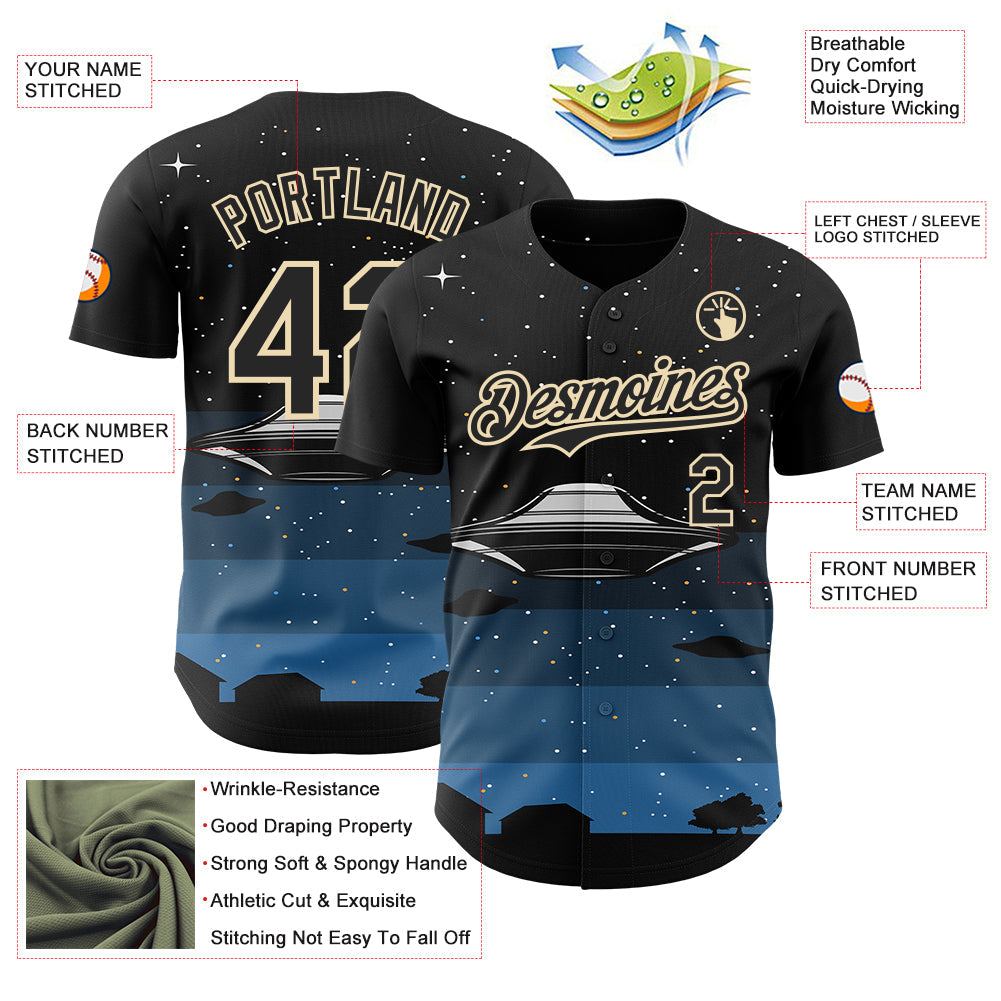 Custom Black Cream Alien UFO Galaxy Night Sky Town Authentic Baseball Jersey