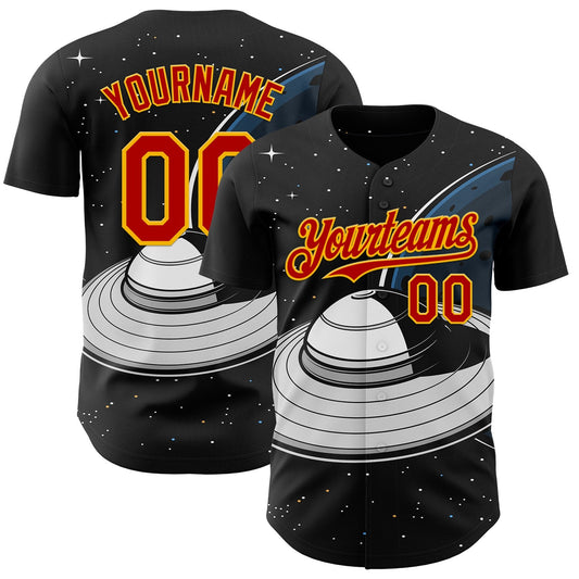 Custom Black Red-Gold Alien UFO Saucer Authentic Baseball Jersey