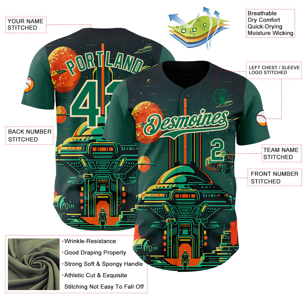 Custom Black Kelly Green-Cream Alien Spaceship Fleet UFO Galaxy Authentic Baseball Jersey