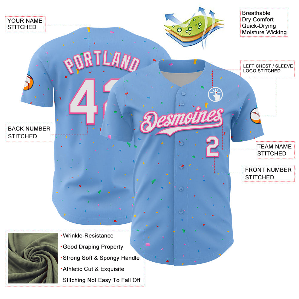 Custom Light Blue White-Pink 3D Pattern Design Confetti Colorful Speckle Authentic Baseball Jersey