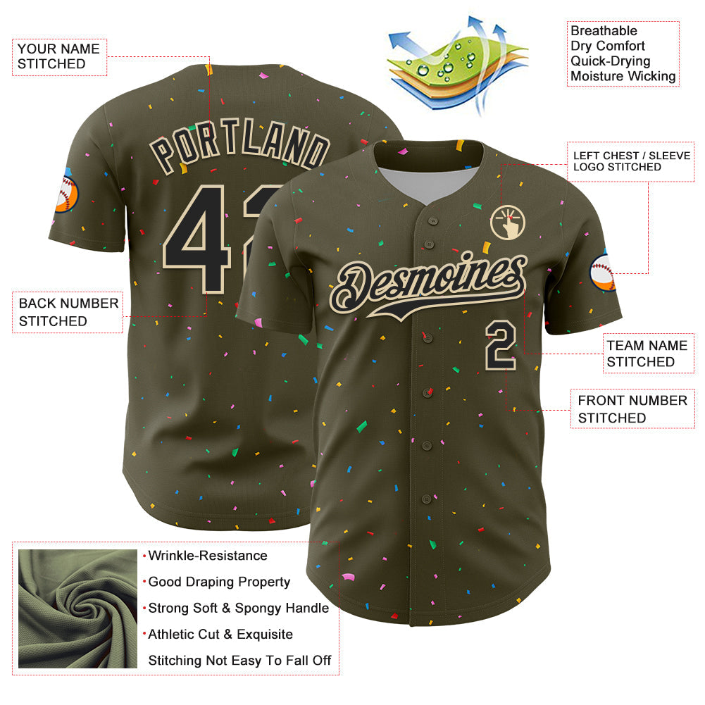 Custom Olive Black-Cream 3D Pattern Design Confetti Colorful Speckle Authentic Baseball Jersey