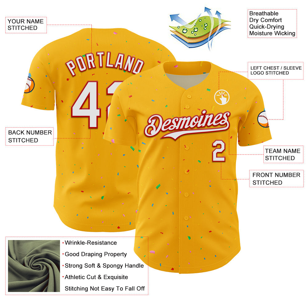 Custom Gold White-Red 3D Pattern Design Confetti Colorful Speckle Authentic Baseball Jersey