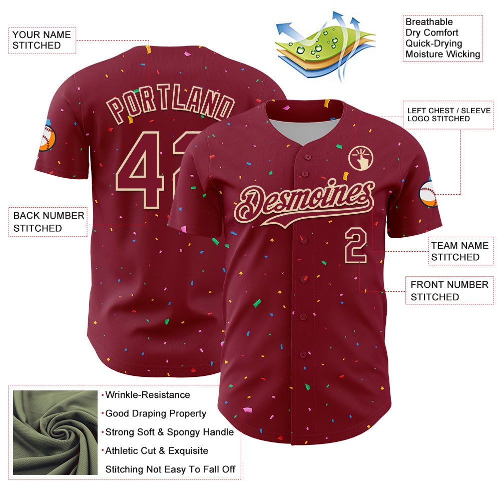 Custom Crimson Cream 3D Pattern Design Confetti Colorful Speckle Authentic Baseball Jersey