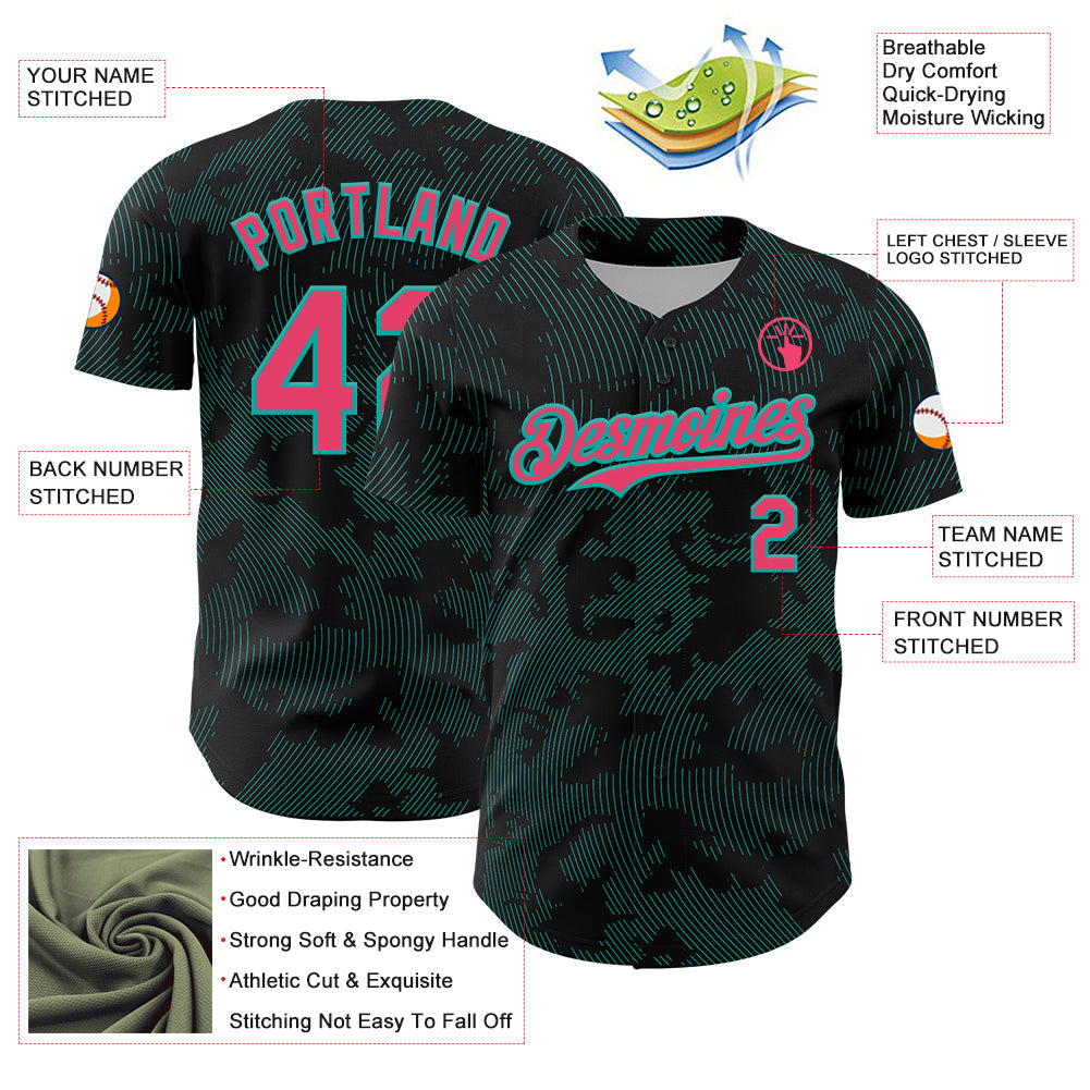 Custom Black Neon Pink-Aqua Curve Lines Authentic Baseball Jersey
