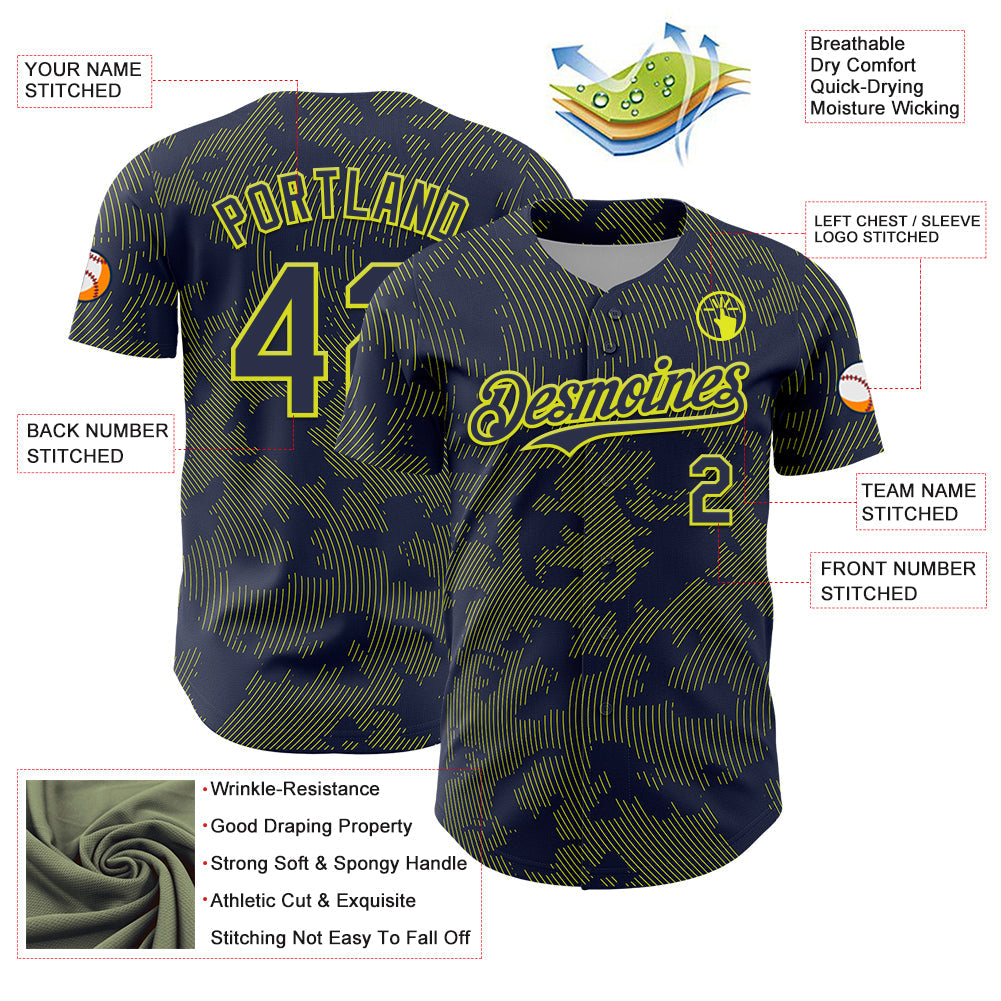 Custom Navy Neon Yellow Curve Lines Authentic Baseball Jersey
