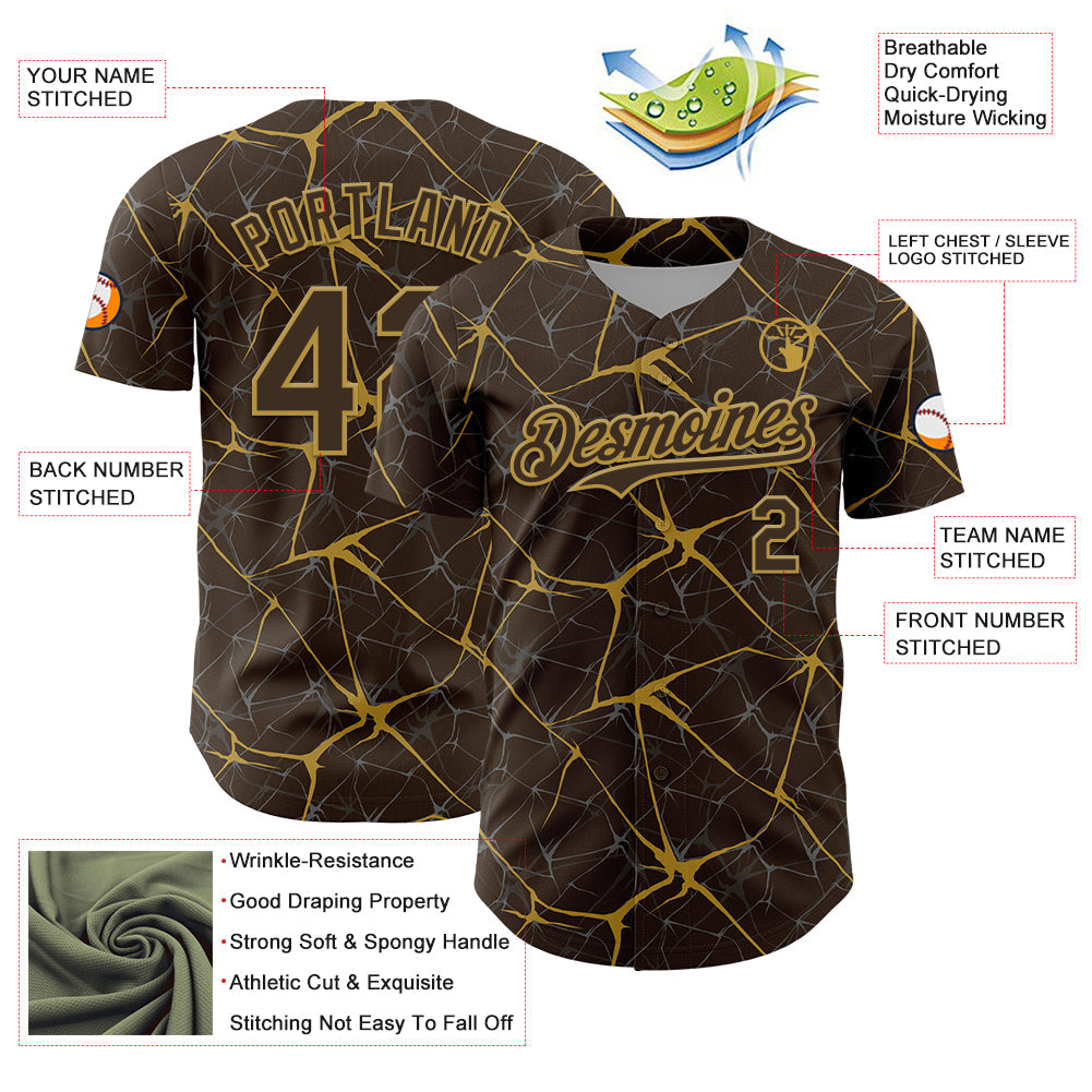 Custom Brown Old Gold 3D Pattern Design Abstract Network Authentic Baseball Jersey