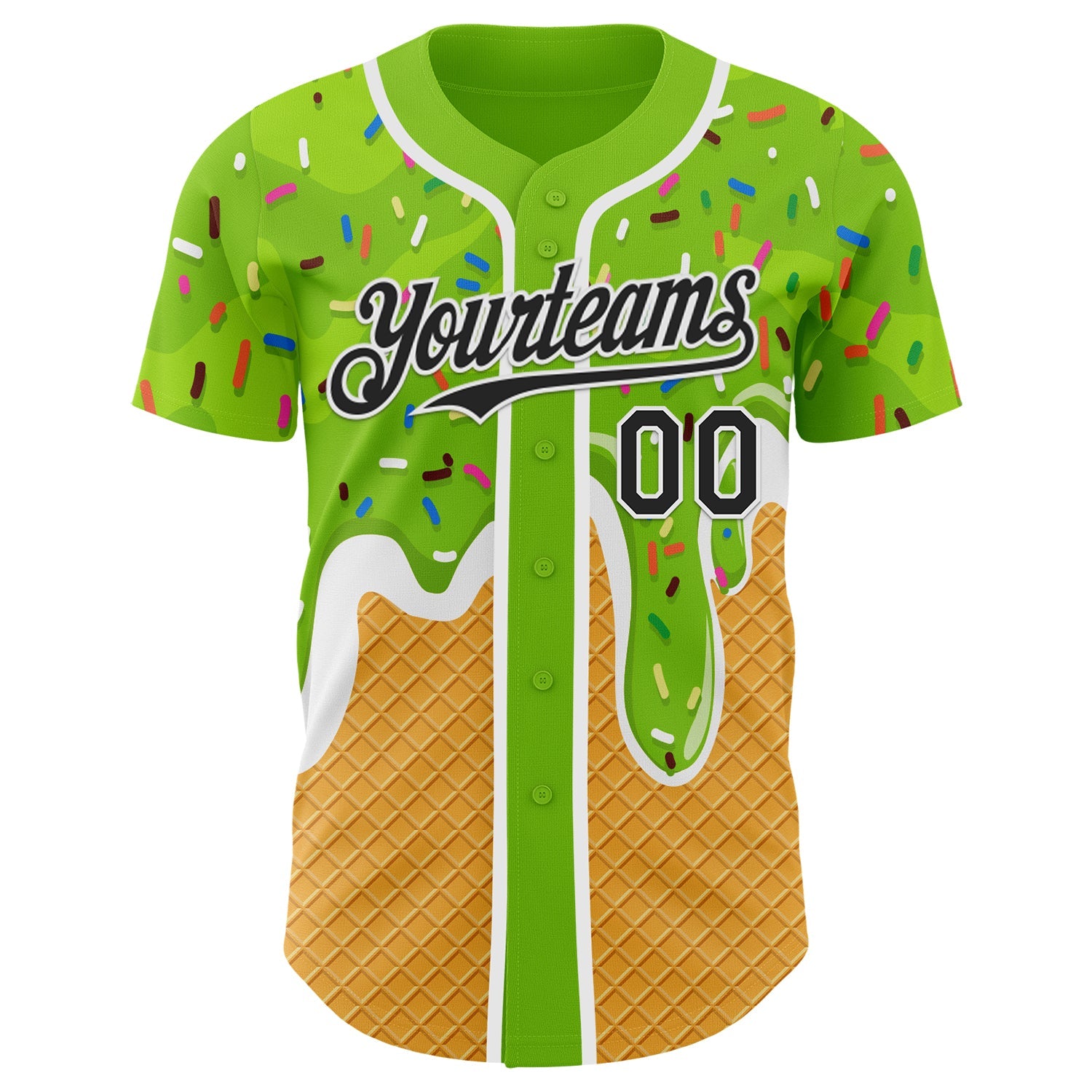 Custom Neon Green Black Yellow-White Foodie Food Dessert Melting Cream Waffle Grid Authentic Baseball Jersey