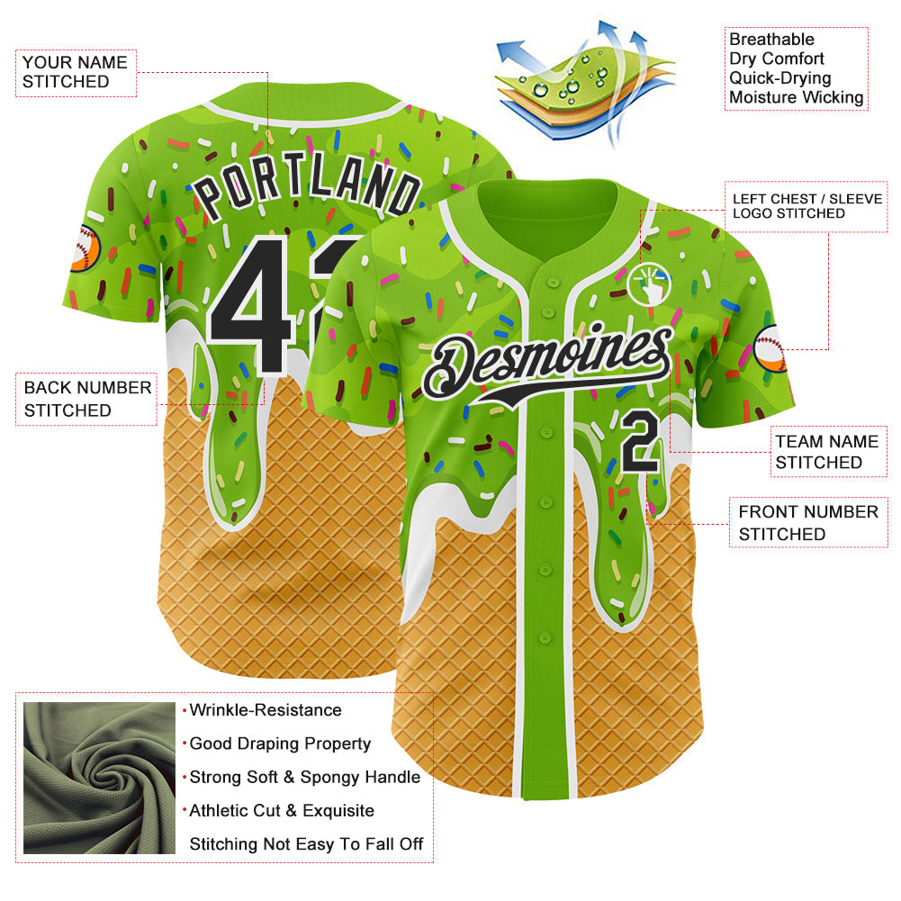 Custom Neon Green Black Yellow-White Foodie Food Dessert Melting Cream Waffle Grid Authentic Baseball Jersey