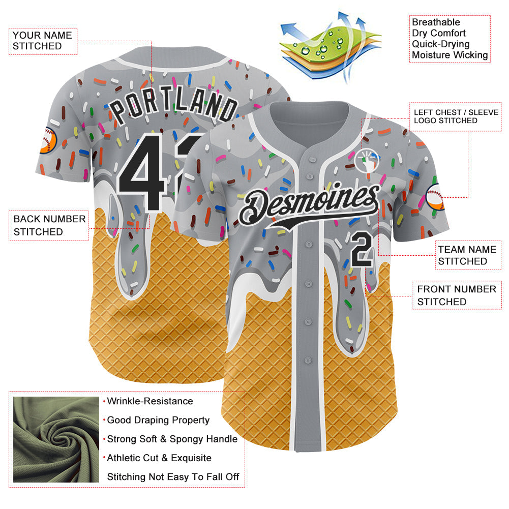 Custom Gray Black Yellow-White Foodie Food Dessert Melting Cream Waffle Grid Authentic Baseball Jersey