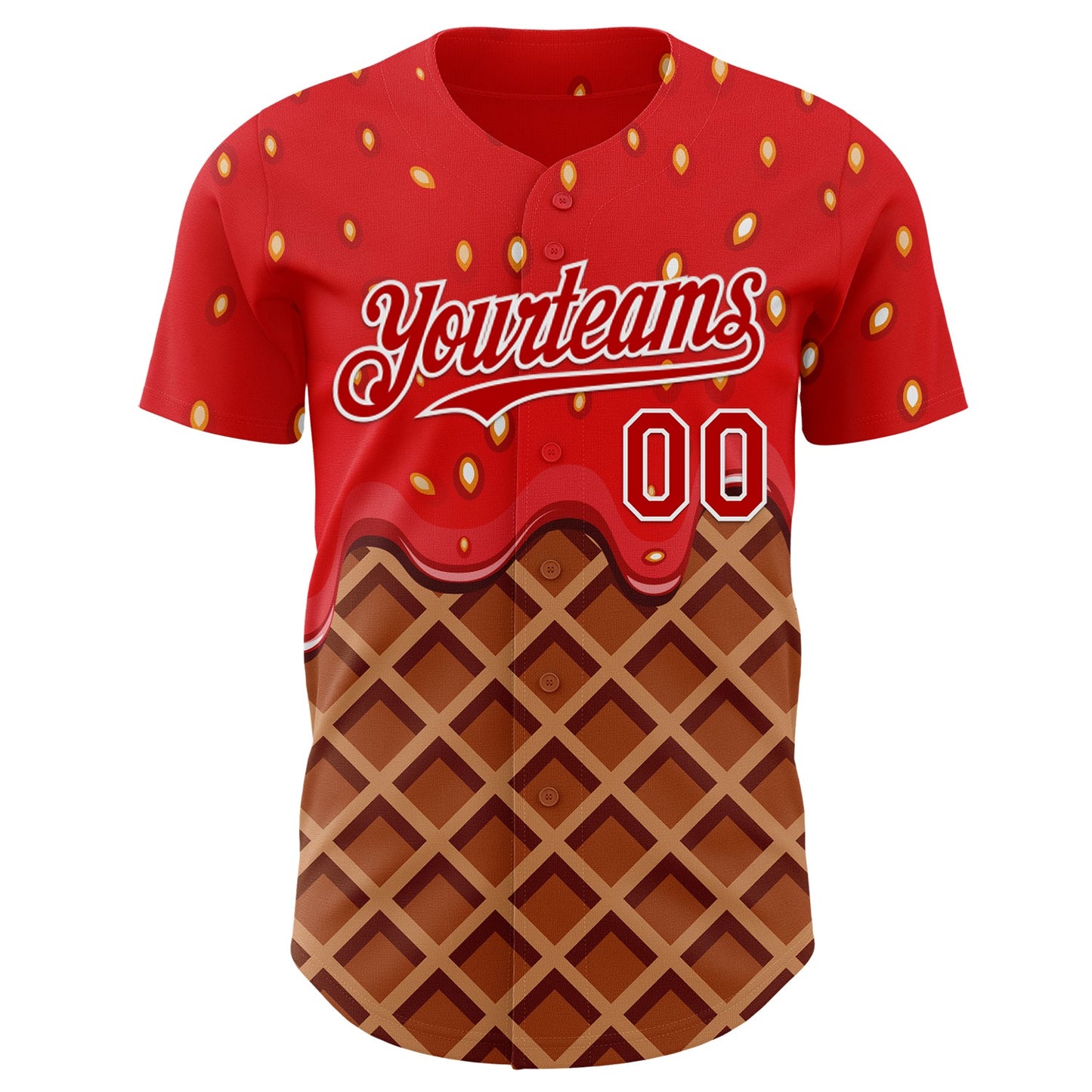 Custom Red Brown-White Foodie Food Dessert Melting Cream Waffle Grid Authentic Baseball Jersey