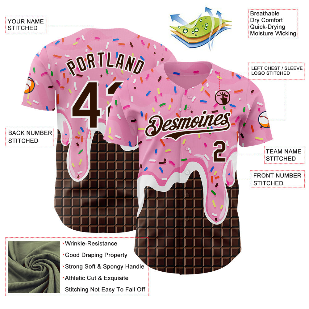 Custom Light Pink Brown-White Foodie Food Dessert Melting Cream Chocolate Grid Authentic Baseball Jersey