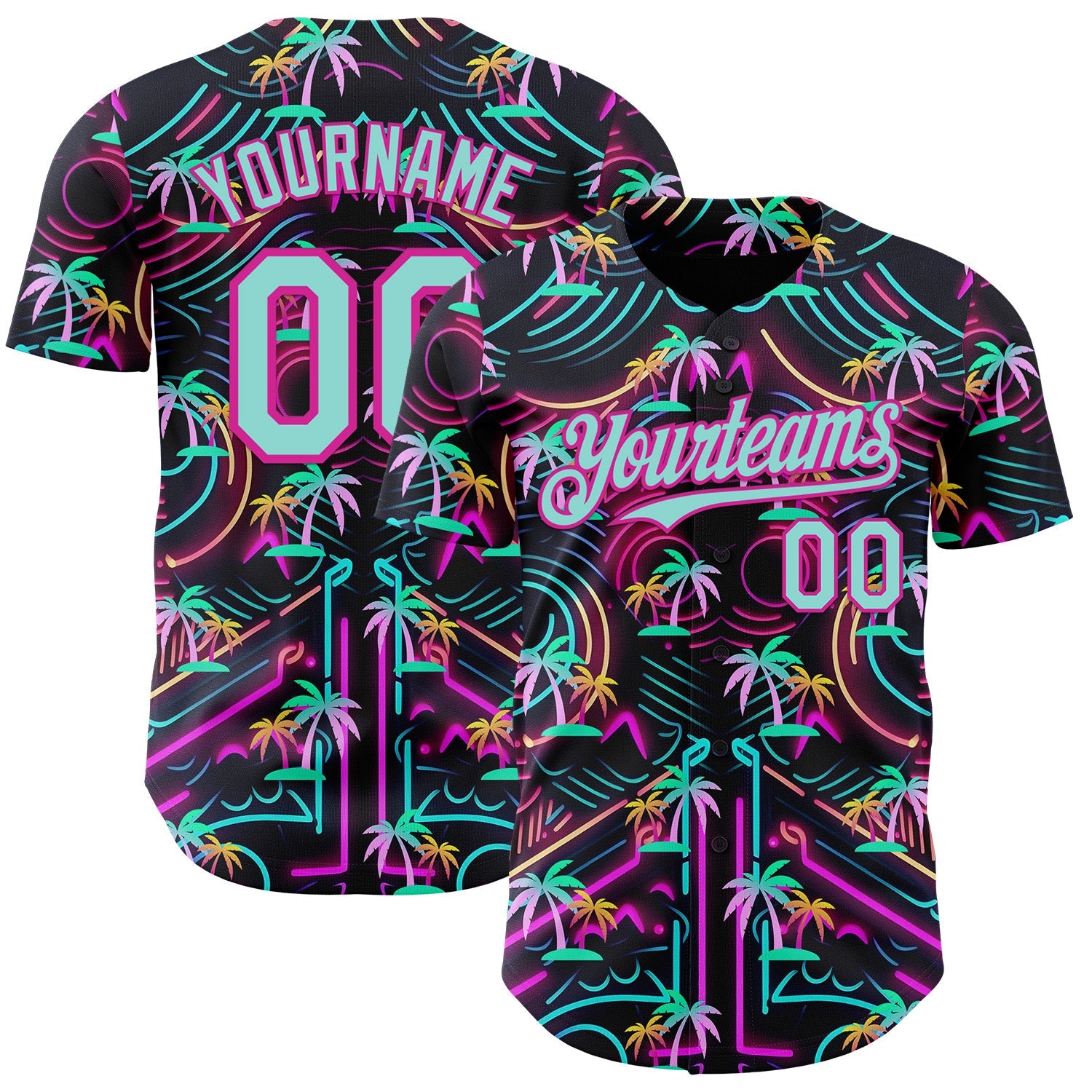 Custom Black Ice Blue-Deep Pink Cyber Tropical Palm Trees Music Festival Authentic Baseball Jersey