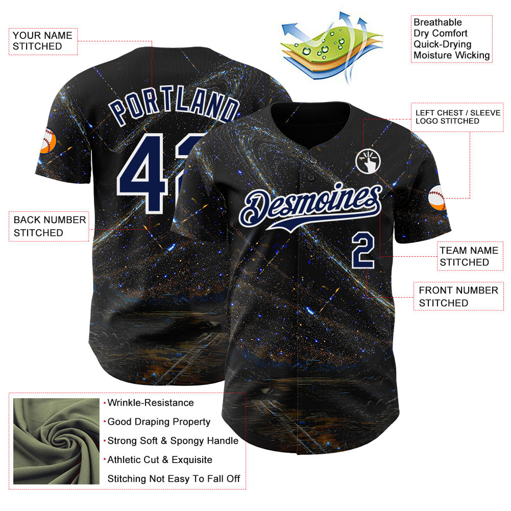 Custom Black Navy-White Galaxy Star Authentic Baseball Jersey
