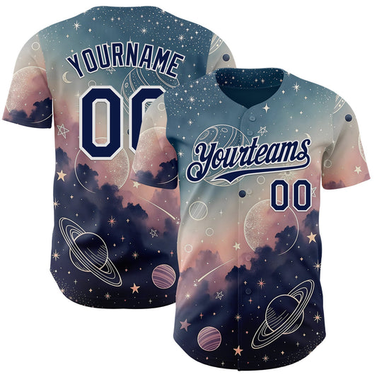Custom Blue Navy Light Pink-White Galaxy Star Nebula Authentic Baseball Jersey