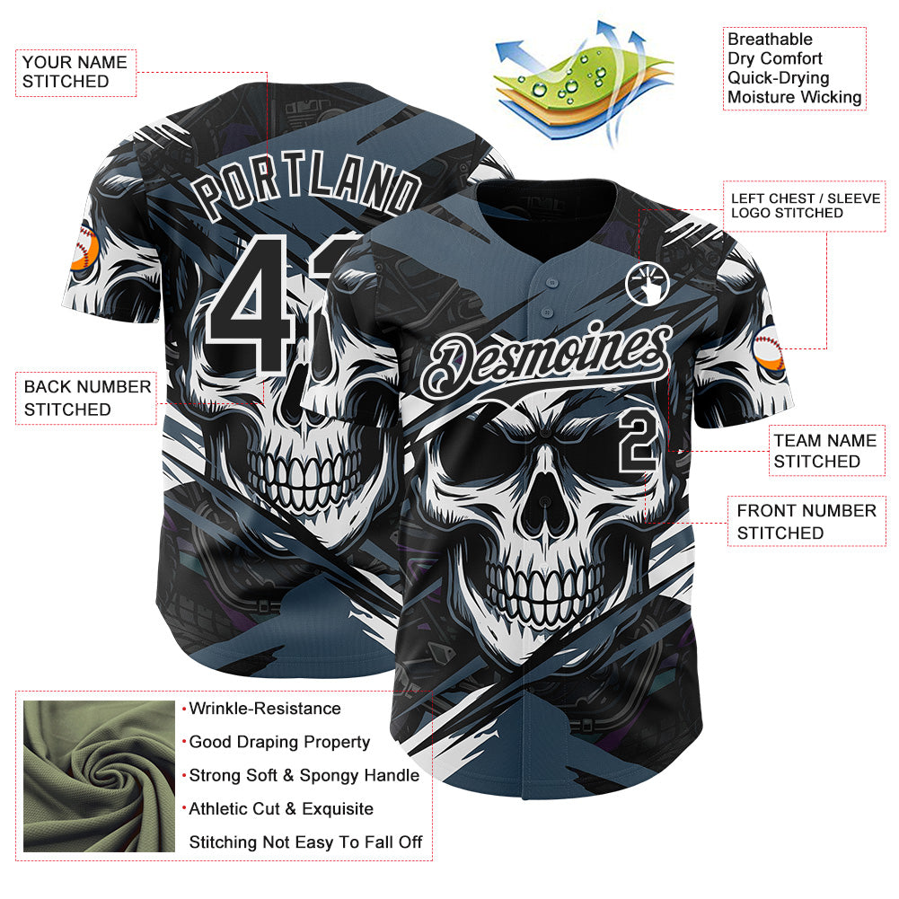 Custom Black Blue-White 3D Pattern Design Motorcycle Motocross Skull Authentic Baseball Jersey