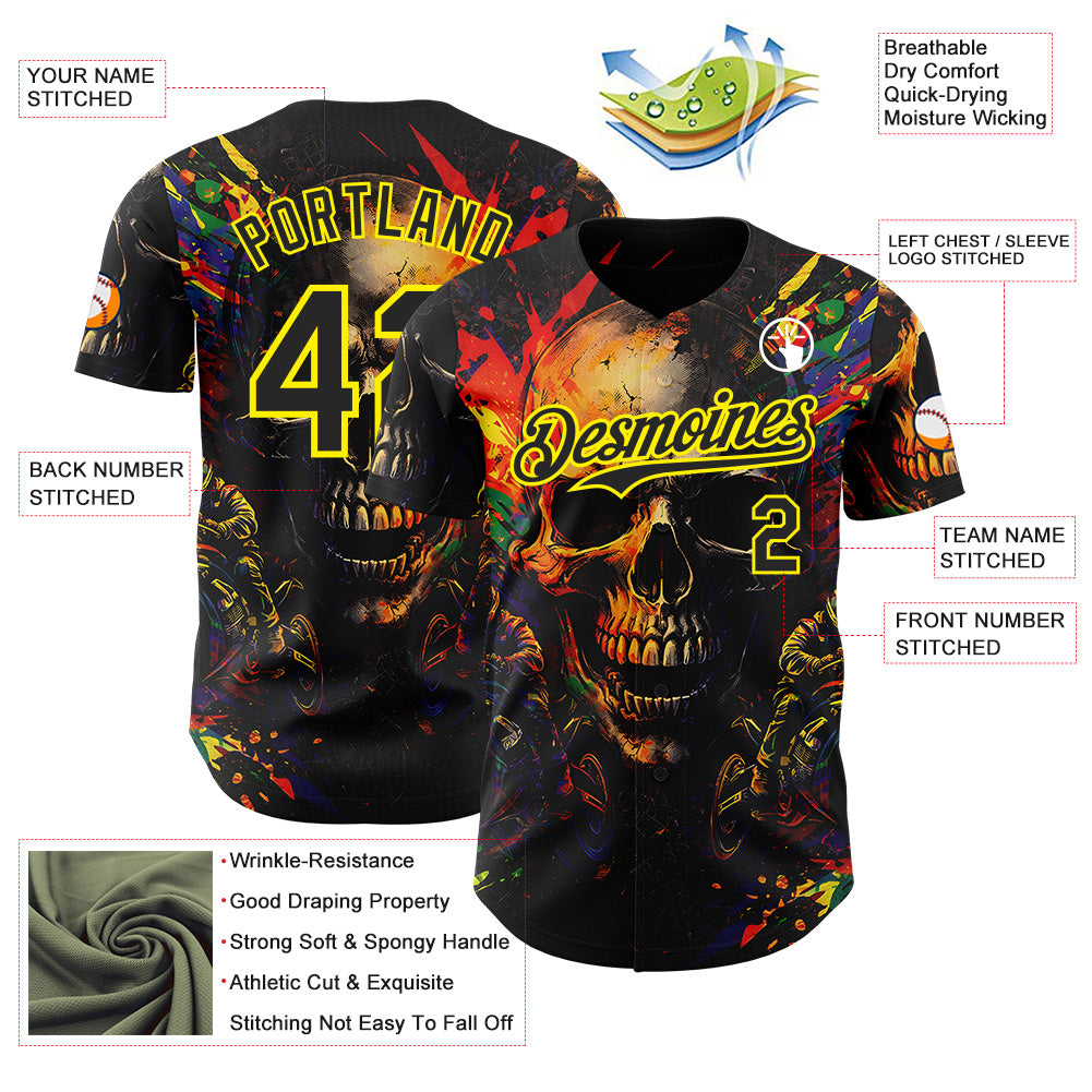Custom Black-Light Yellow 3D Pattern Design Motorcycle Motocross Skull Authentic Baseball Jersey