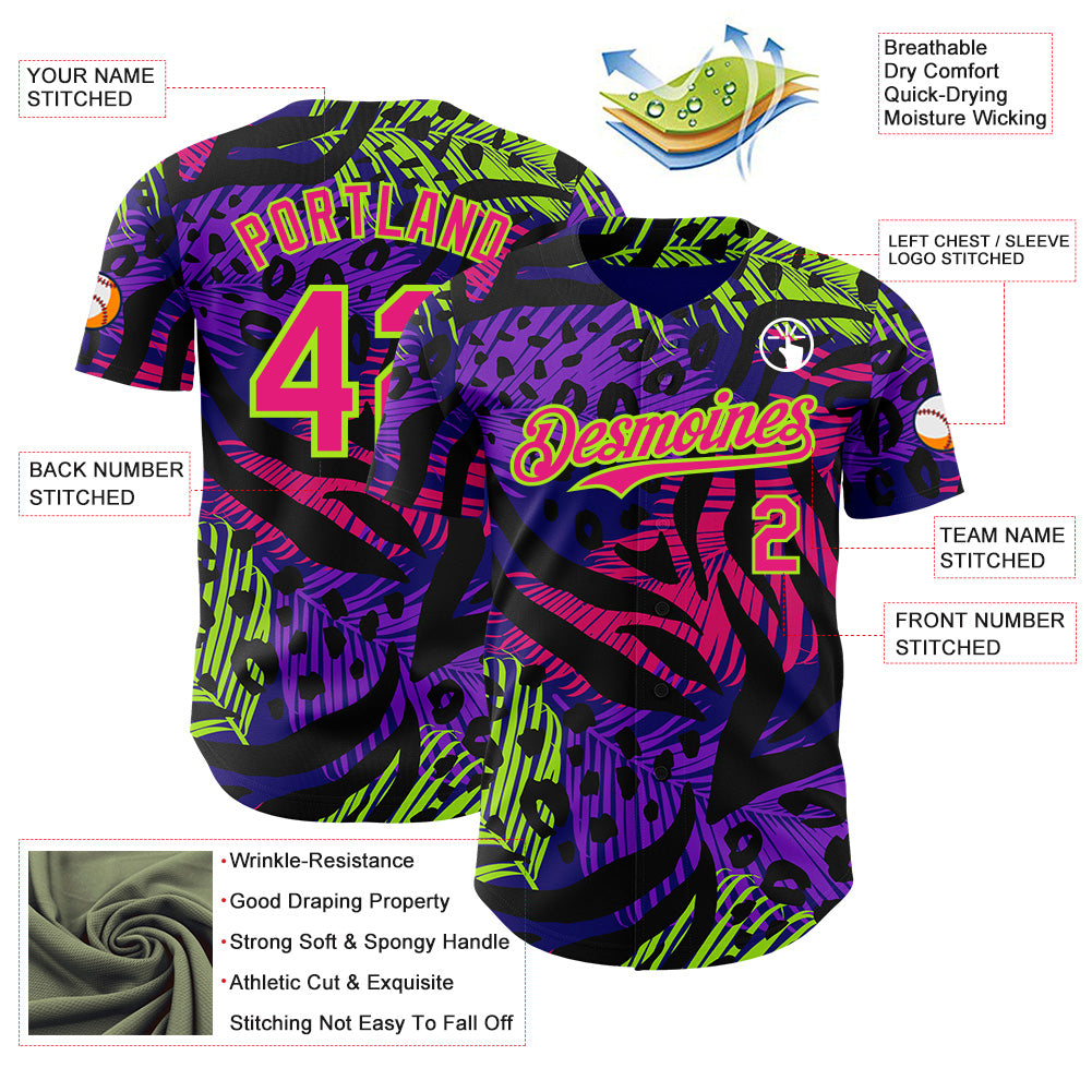 Custom Purple Hot Pink Black-Neon Green Leopard Print Tiger Stripe Leaf Authentic Baseball Jersey