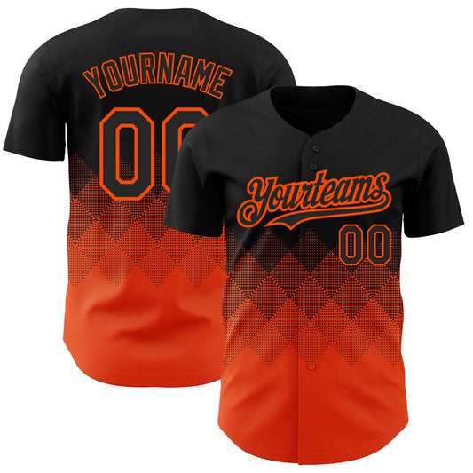 Custom Black Orange 3D Pattern Design Gradient Square Shapes Authentic Baseball Jersey