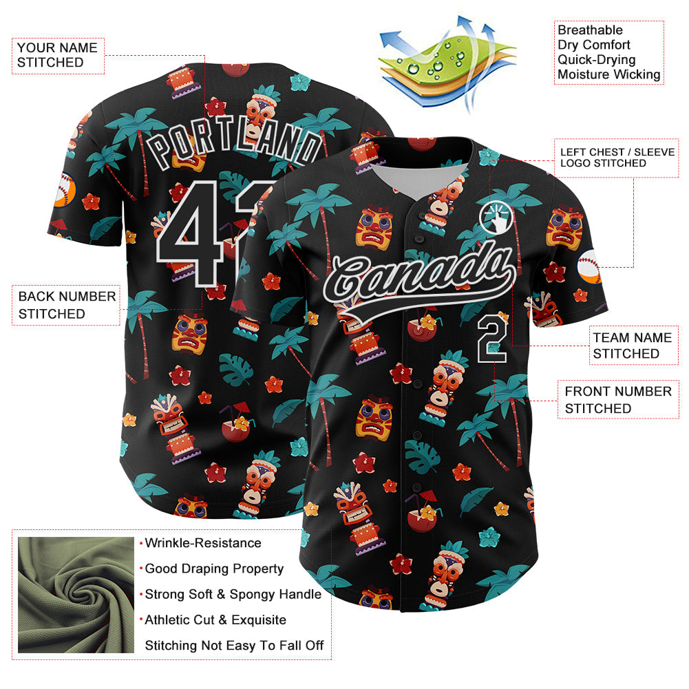 Custom Black White 3D Hawaii Tropical Palm Tree Flower And Tiki Mask Authentic Baseball Jersey