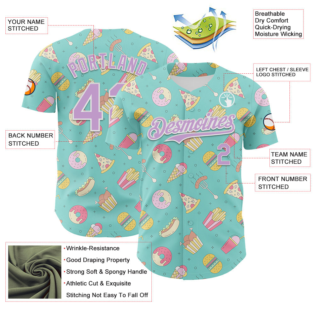 Custom Ice Blue Light Purple-White 3D Pattern Design Foodie Fast Food Burger Fries Pizza Authentic Baseball Jersey