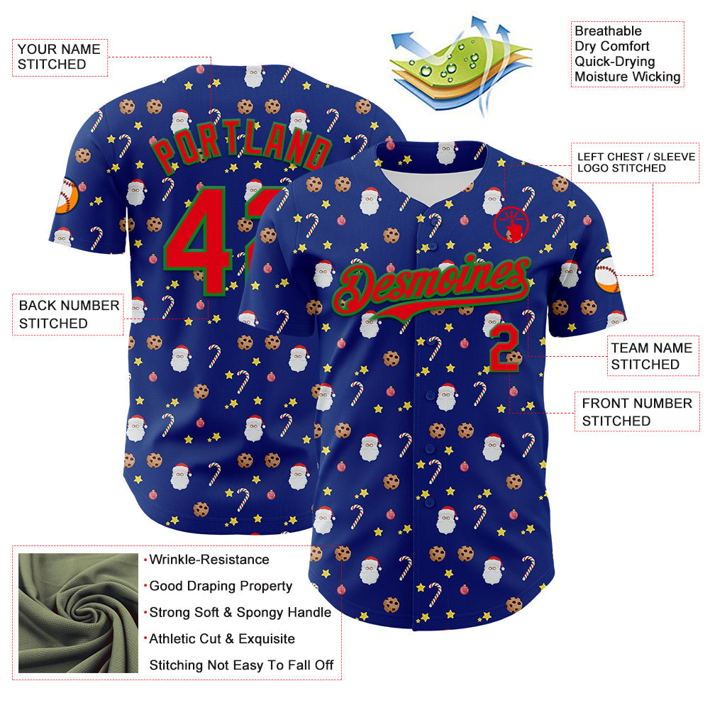 Custom Royal Fire Red-Grass Green 3D Pattern Design Christmas Foodie Food Snack Chocolate Cookie Candy Cane Authentic Baseball Jersey