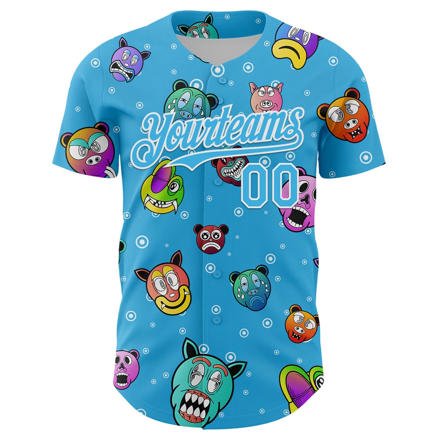 Custom Sky Blue White 3D Pattern Design Funny Cartoon Animal Authentic Baseball Jersey