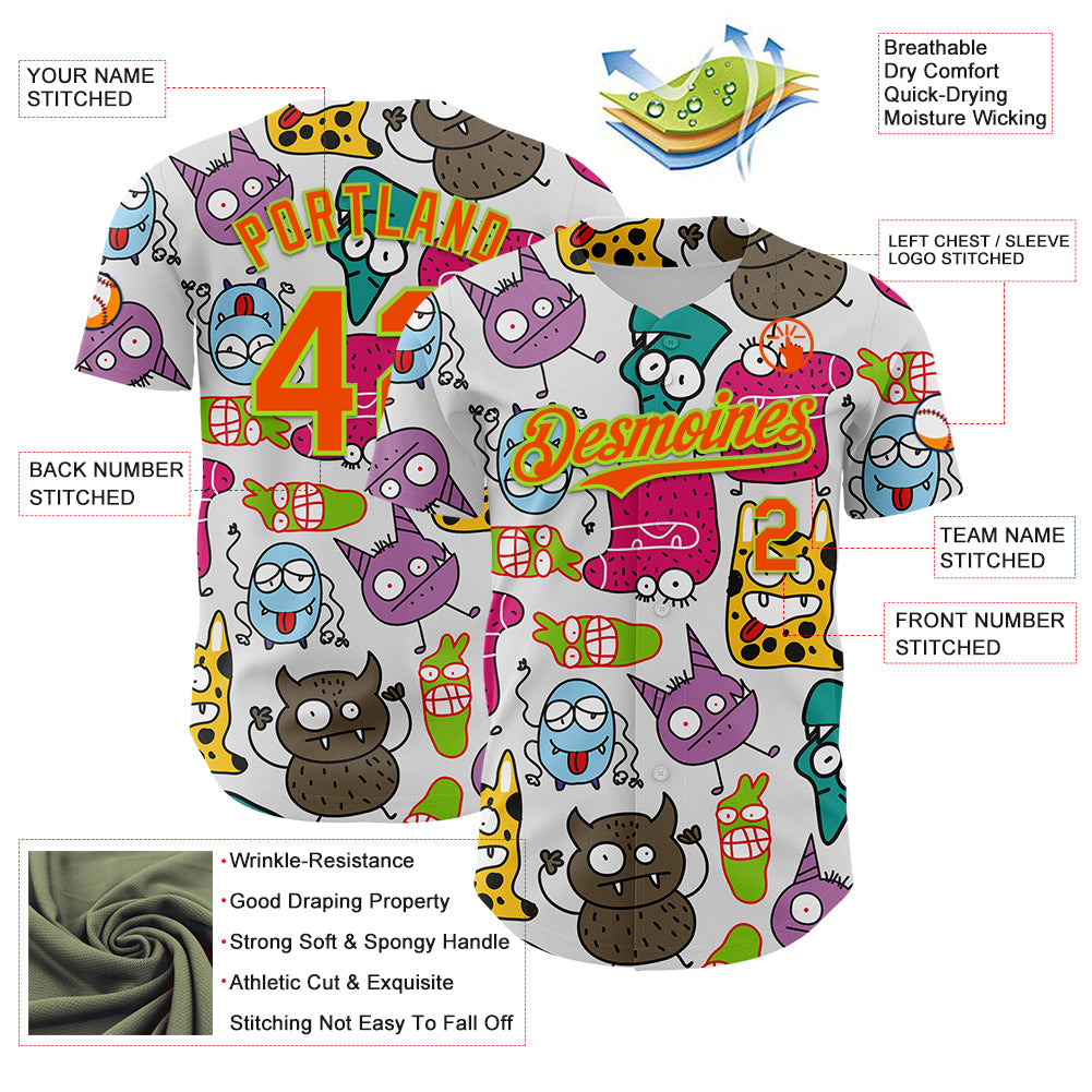Custom White Orange-Neon Green 3D Pattern Design Funny Cartoon Monster Authentic Baseball Jersey