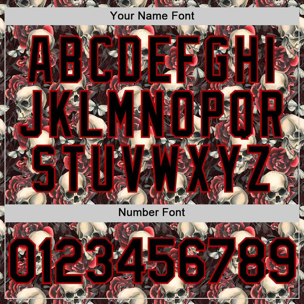 Custom Black Red 3D Skeleton And Flower Authentic Baseball Jersey