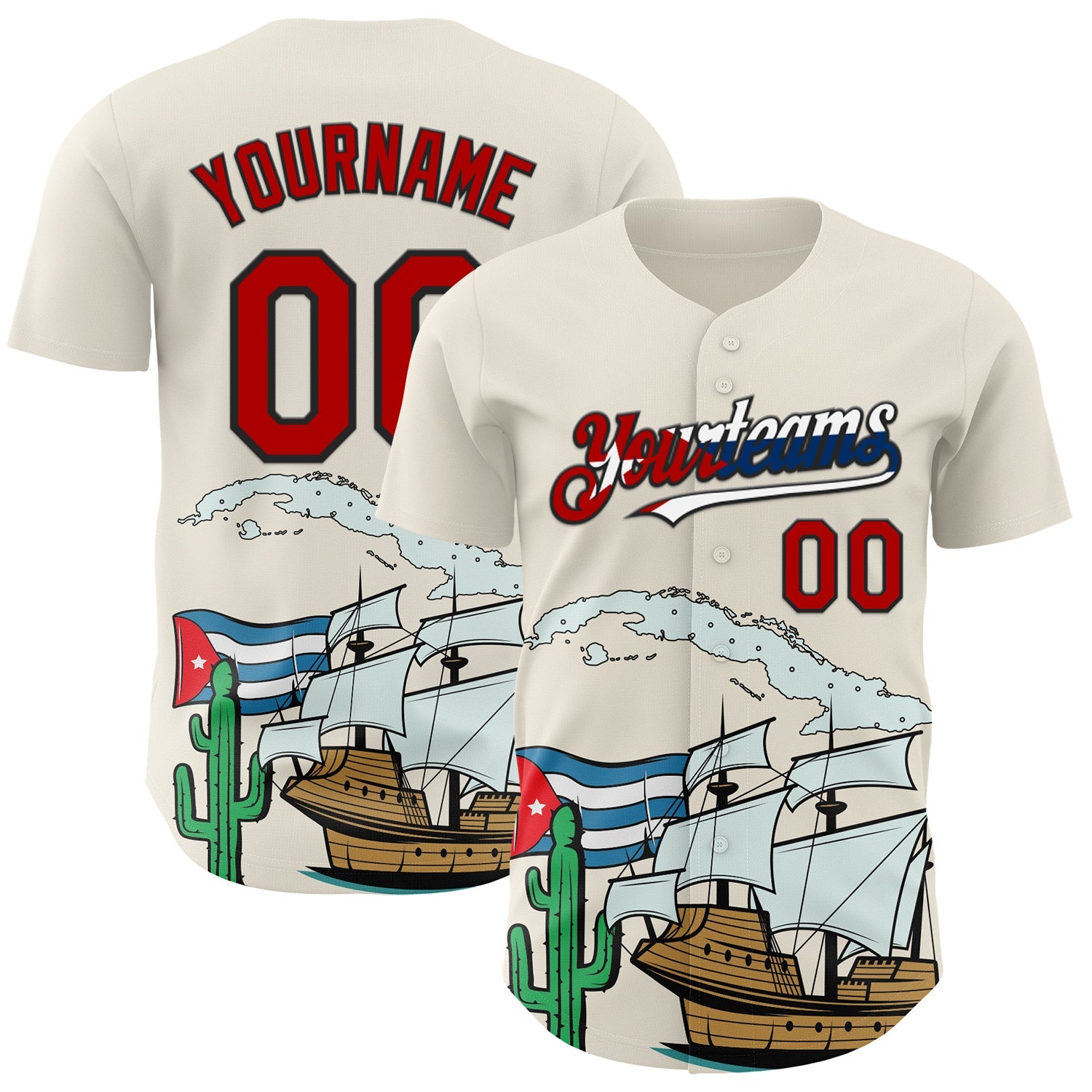 Custom Cream Red Black-Cuban Flag 3D Cuba Authentic Baseball Jersey
