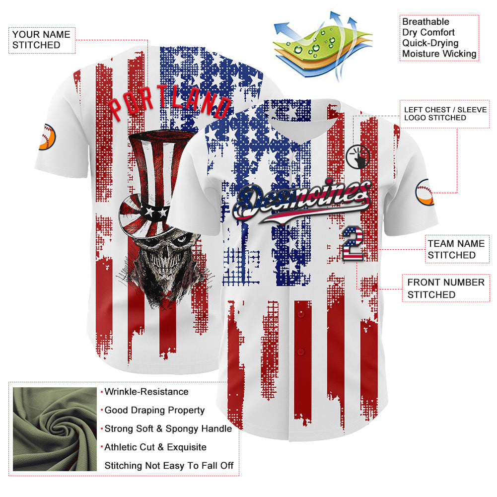 Custom White USA Flag Fire Red-Black 3D Patriotic Skull Authentic Baseball Jersey