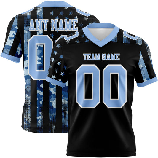 Custom Black Light Blue-White 3D Pattern American Flag Authentic Football Jersey
