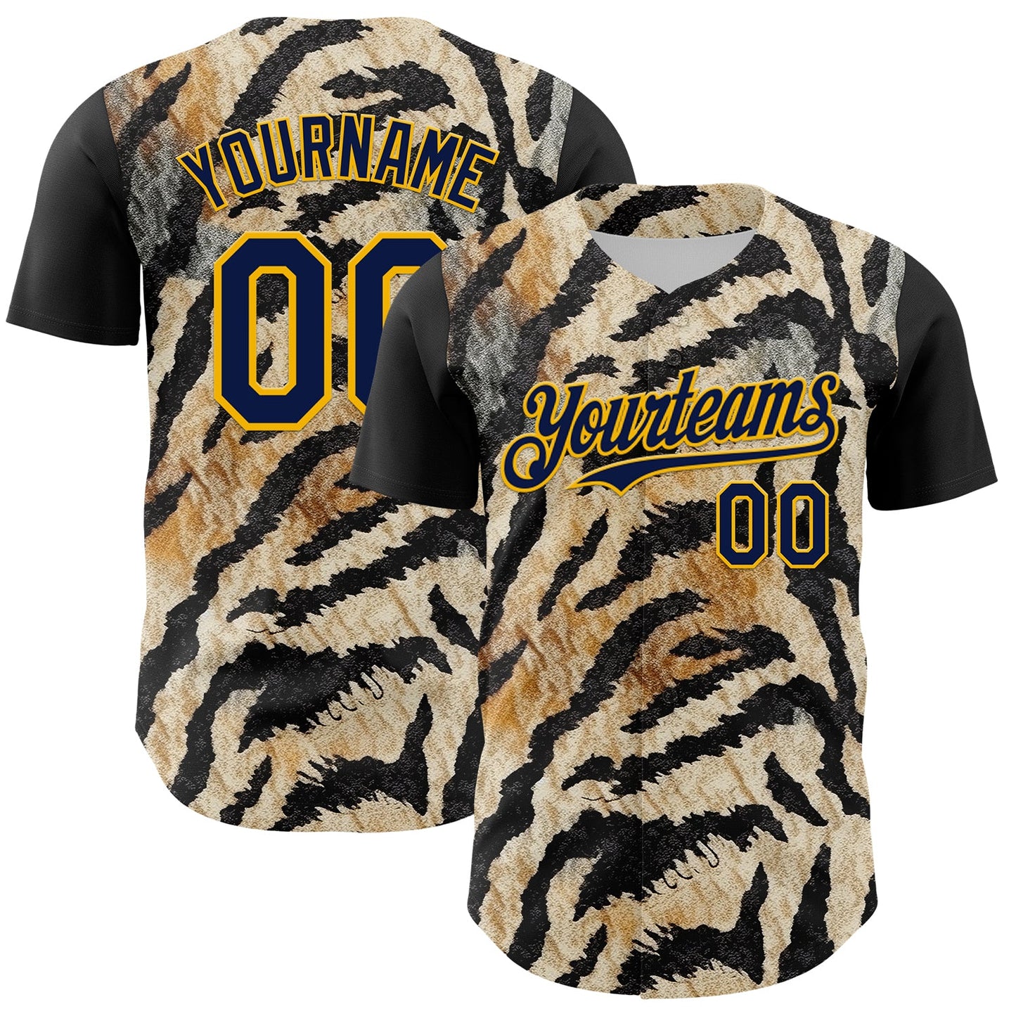 Custom Black Navy-Gold 3D Pattern Design Burner Costumes Tiger Print Authentic Baseball Jersey
