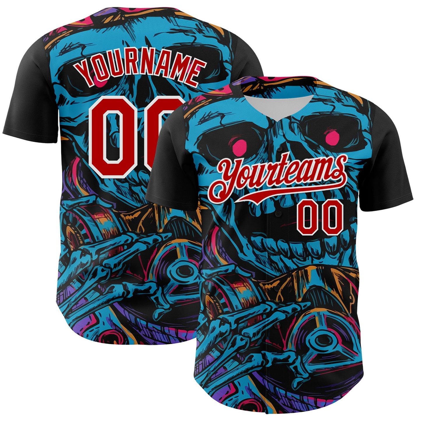 Custom Black Red-White 3D Pattern Design Burner Costumes Horror Skull Authentic Baseball Jersey
