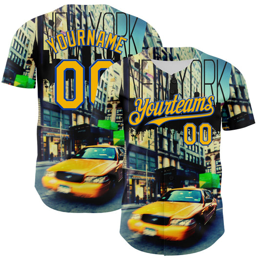 Custom Green Gold-Thunder Blue 3D Pattern Design New York Cityscape Statue Of Liberty Authentic Baseball Jersey