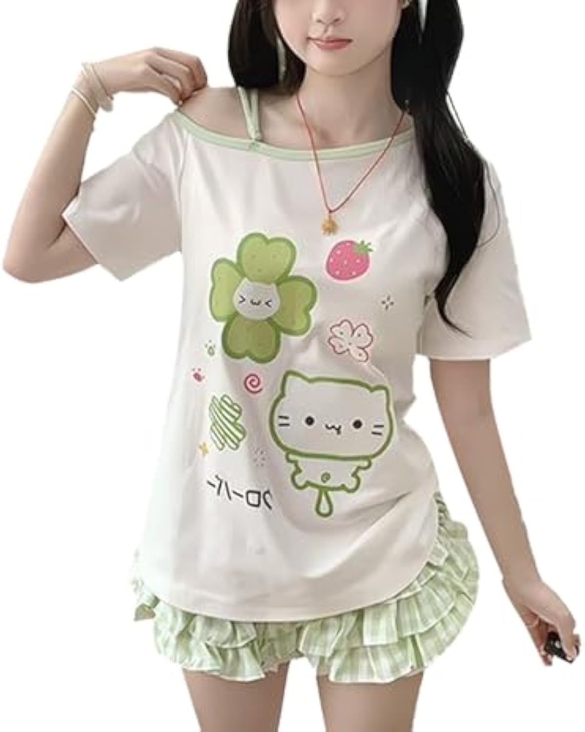 Womens Y2K Off Shoulder Kawaii T-Shirt Suit Hrajuku Plaid Ruffled Lace Pumpkin Short Pants Cute Cat Graphic Tops