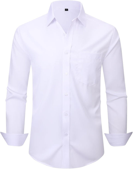 Men Long Sleeve Dress Shirt - Regular Fit Stretch Free-Wrinkle Casual Button Down Shirt