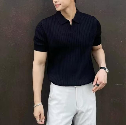 Men's Stripe Minimalist Style Short Sleeve Polo Shirt Knitted Sweater - Soft Stretch, Solid Color All-Season Casual Wear