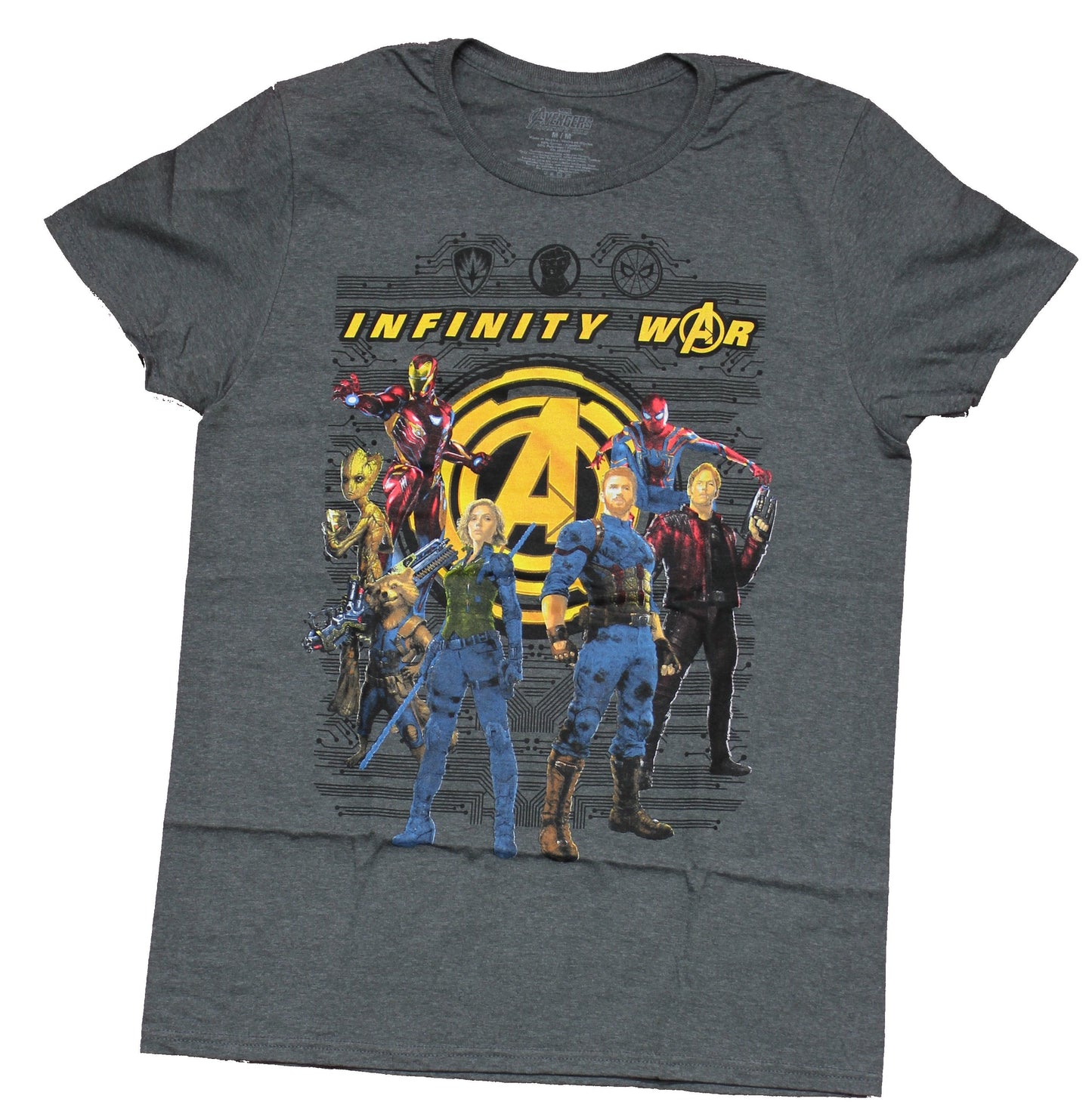 Infinity War Mens T-Shirt - Multiple Movies Heroes Gathered Round the Avengers Logo